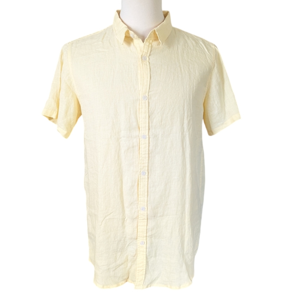 Threads by Bed Threads Shirt XL Linen Yellow Short Sleeve Button Down Solid